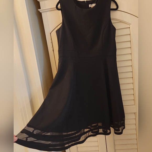 Calvin Klein Fit & Flare Sleeveless Dress Sz 14 Black Stretch, Sheer Stripe Hem - Picture 2 of 6